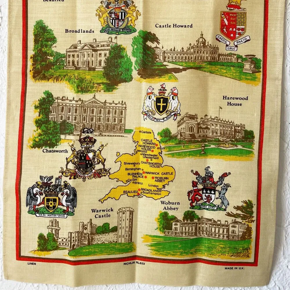 Treasure Houses of England Souvenir Map Linen Tea Towel Wall Hanging by Richlin